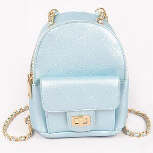 Quilted Puffer Backpack in Shiny Sky / Baby Blue W/ Gold Rope Straps - NWT